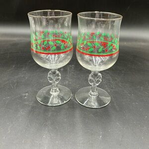 Vintage Libbey Arbys holly stemware glasses, Christmas glasses